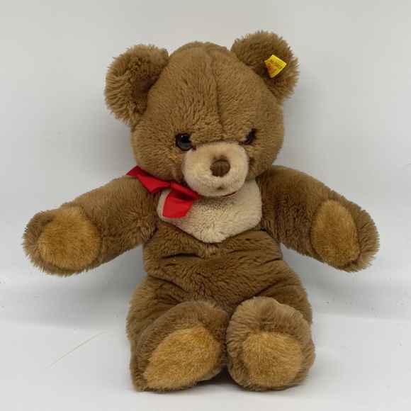 Steiff Plush Brown CosbyTeddy Bear Red Ribbon Stuffed Animal